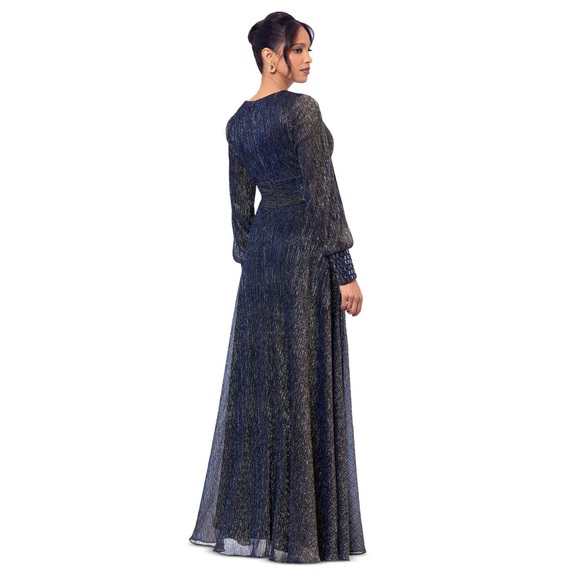 Betsy & Adam Women's Galaxy Metallic V-Neck Gown Size 12 Navy/Gold Dress - Picture 3 of 11